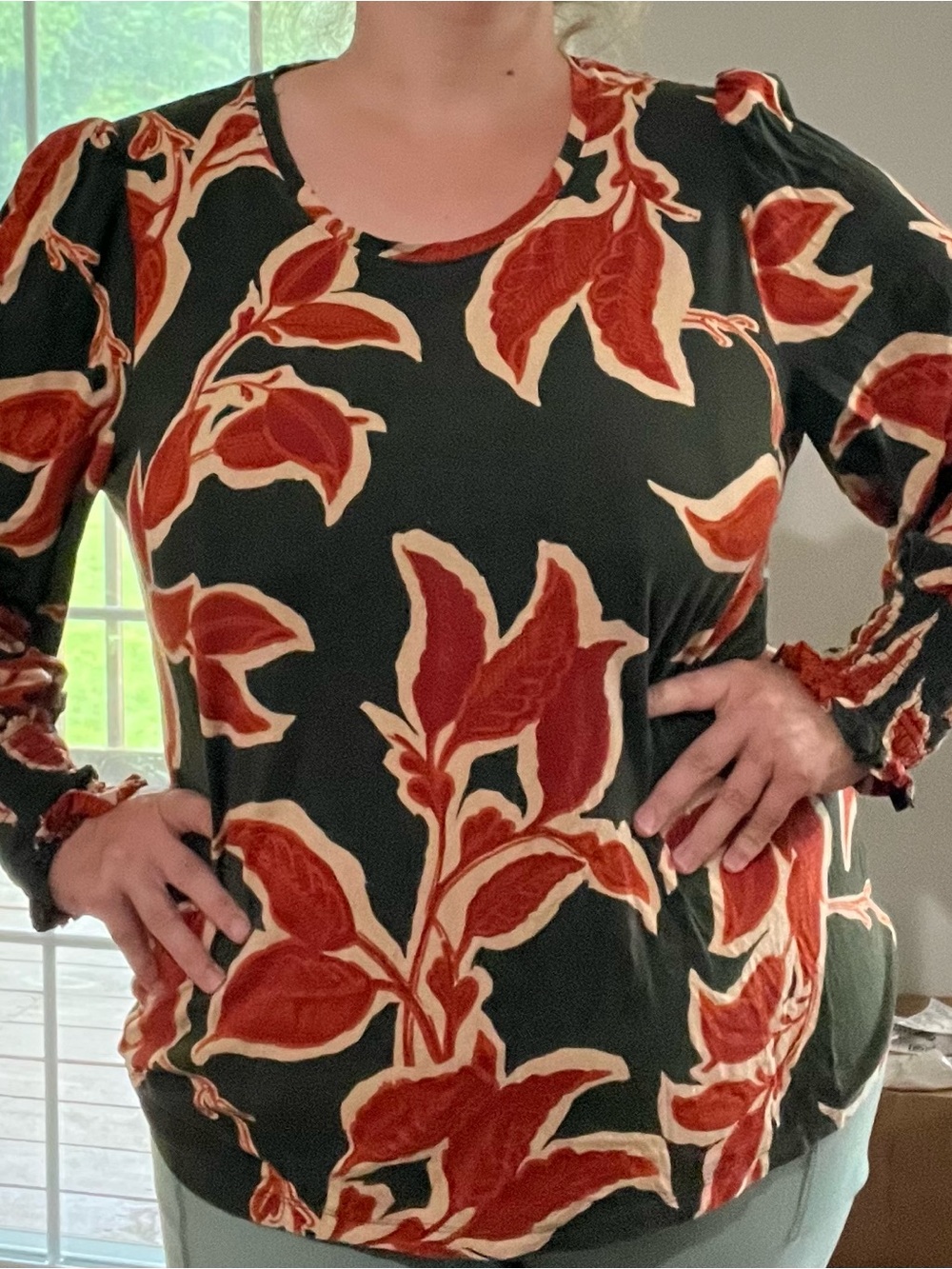 Chico's Black Long-Sleeve Dress with Rust and Cream Floral Print